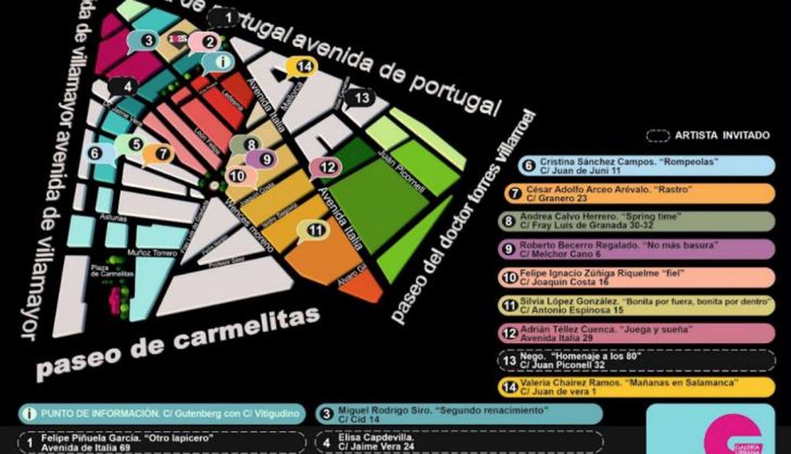 Lugares de las obras de la 14ª Galería Urbana del Barrio del Oeste