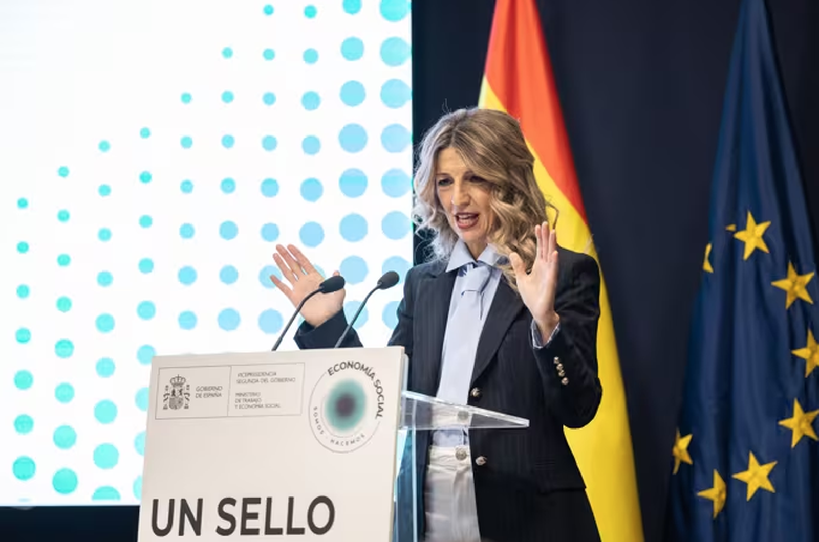 La vicepresidenta segunda y ministra de Trabajo y Economía Social, Yolanda Díaz, durante una rueda de prensa.Europapress
