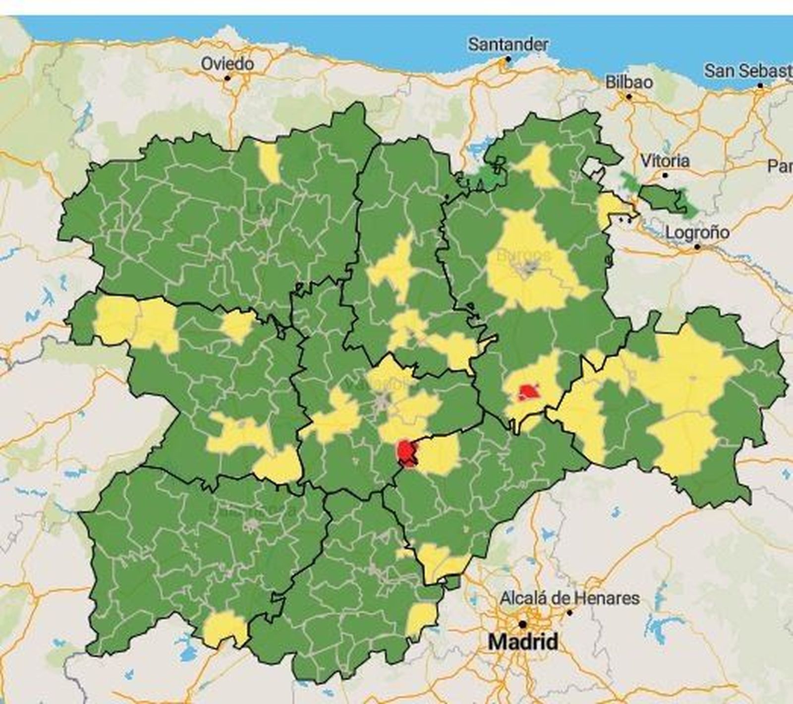 Captura del mapa de incidencia del COVID19  por zonas básicas de salud.