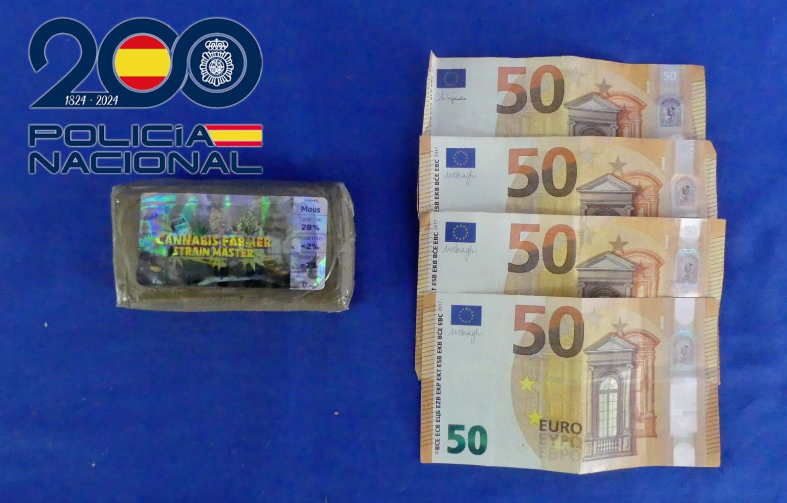 Tableta de hachís y 200 euros incautados al detenido en Pizarrales