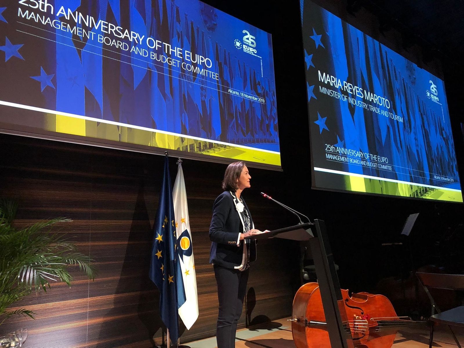 La ministra de Industria, Comercio y Turismo, Reyes Maroto, en el acto conmemorativo del 25 aniversario de la Oficina de Propiedad Intelectual de la Unión Europea (Euipo)
