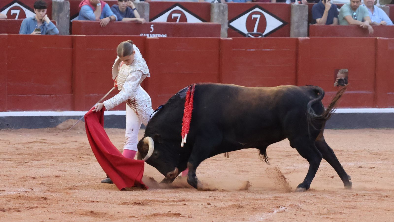 Olga Casado ante el sexto novillo de Montalvo, de nombre 'Baticola', con el que abrió la Puerta Grande