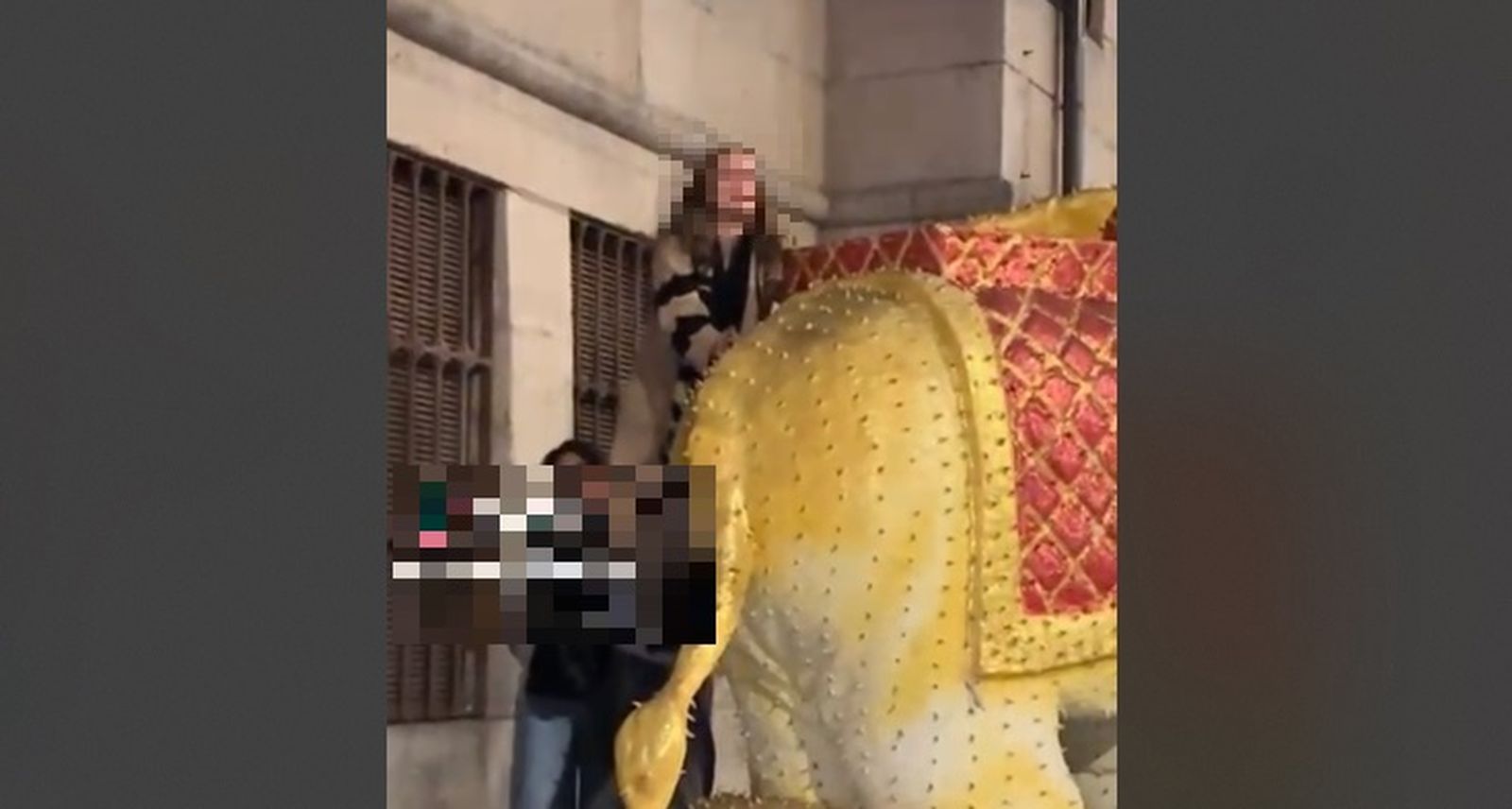 La joven subiéndose en uno de los 'Elefantes de Oriente' en la plaza del Mercado