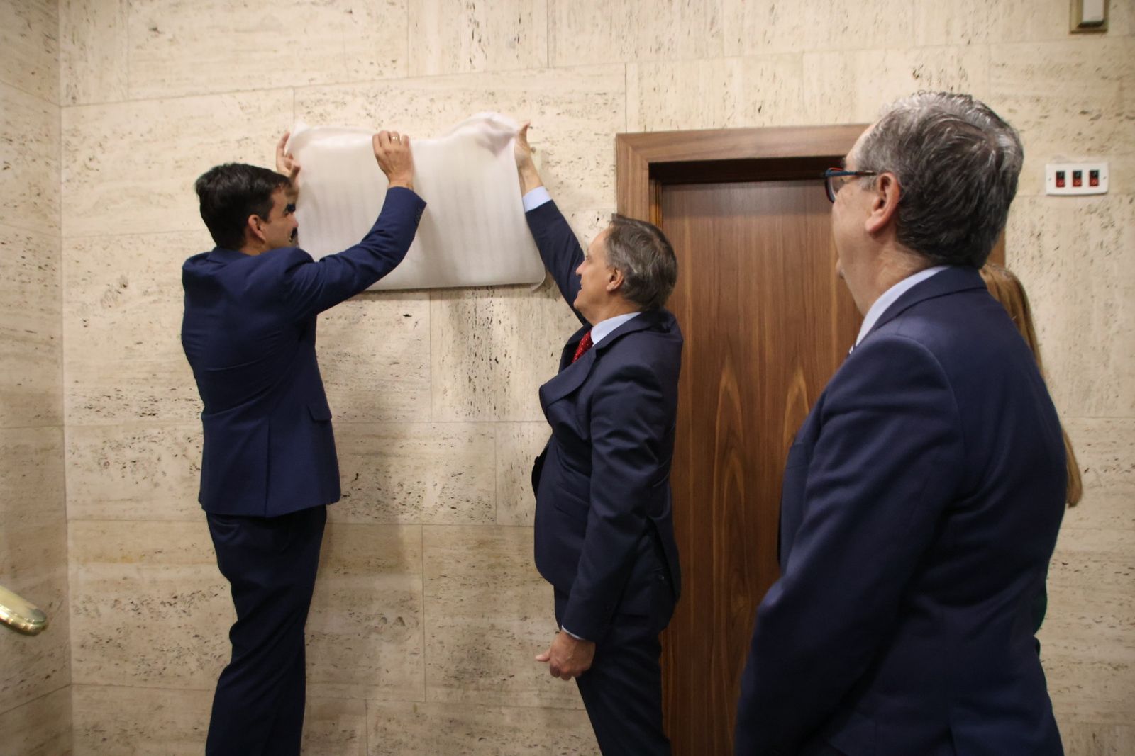 Inauguración de la placa conmemorativa por el centenario del nacimiento de la escritora Carmen Martín Gaite en el edificio de la entidad en la plaza de los Bandos