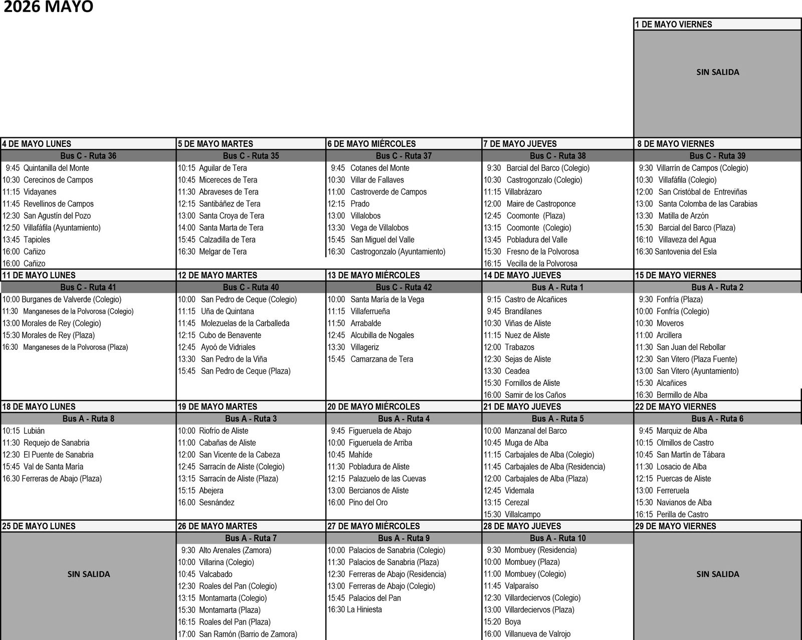 Ruta del bibliobús en mayo
