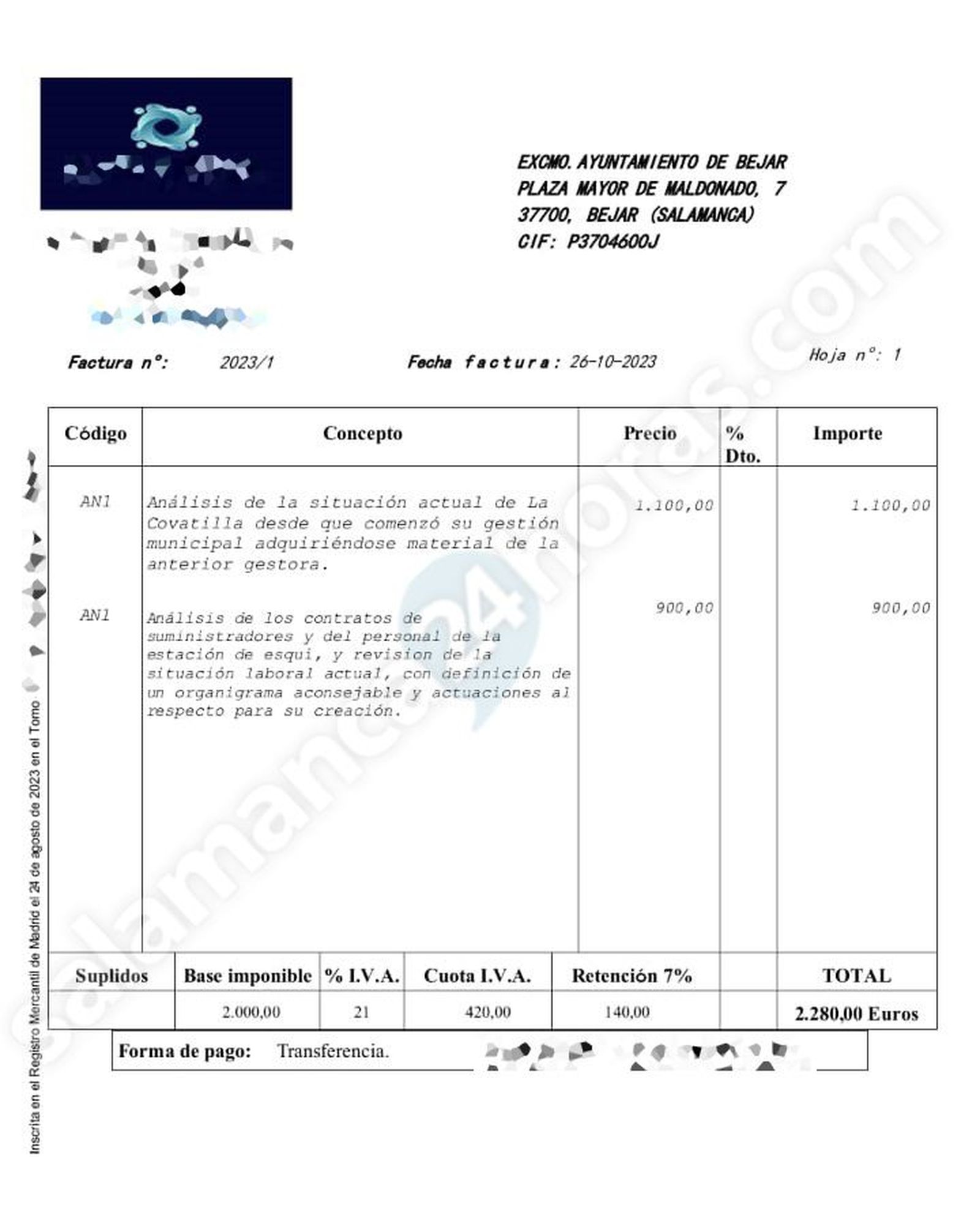 Factura contrato asesoría Ayuntamiento de Béjar 