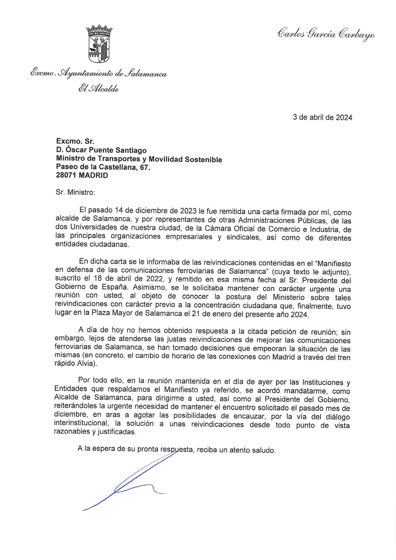 Carta Ministro de Transportes
