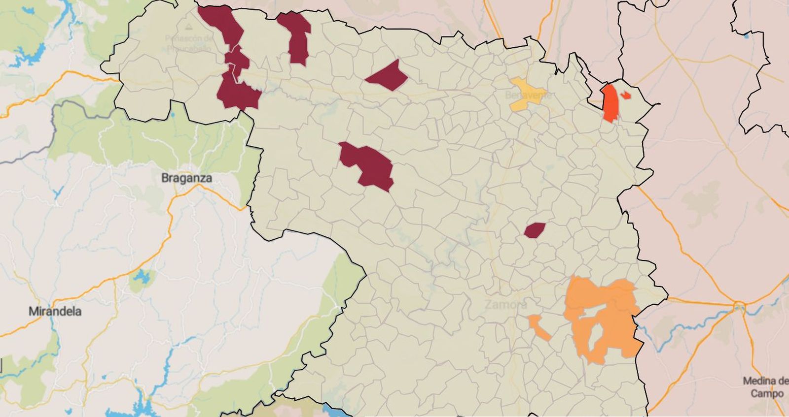 Mapa de la incidencia en los municipios de Zamora este viernes