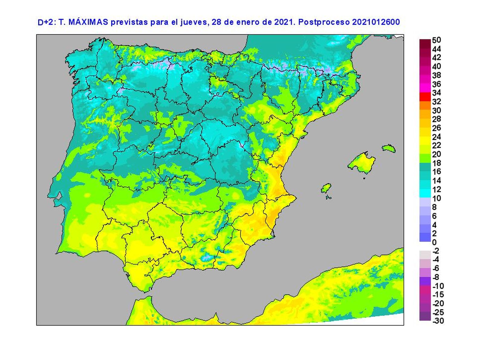 Temperaturas máximas para el jueves 28 de enero. Foto: AEMET