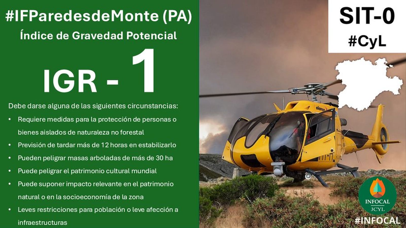 Incendio forestal con Índice de Gravedad Potencial 1 en Paredes de Monte (Palencia)
