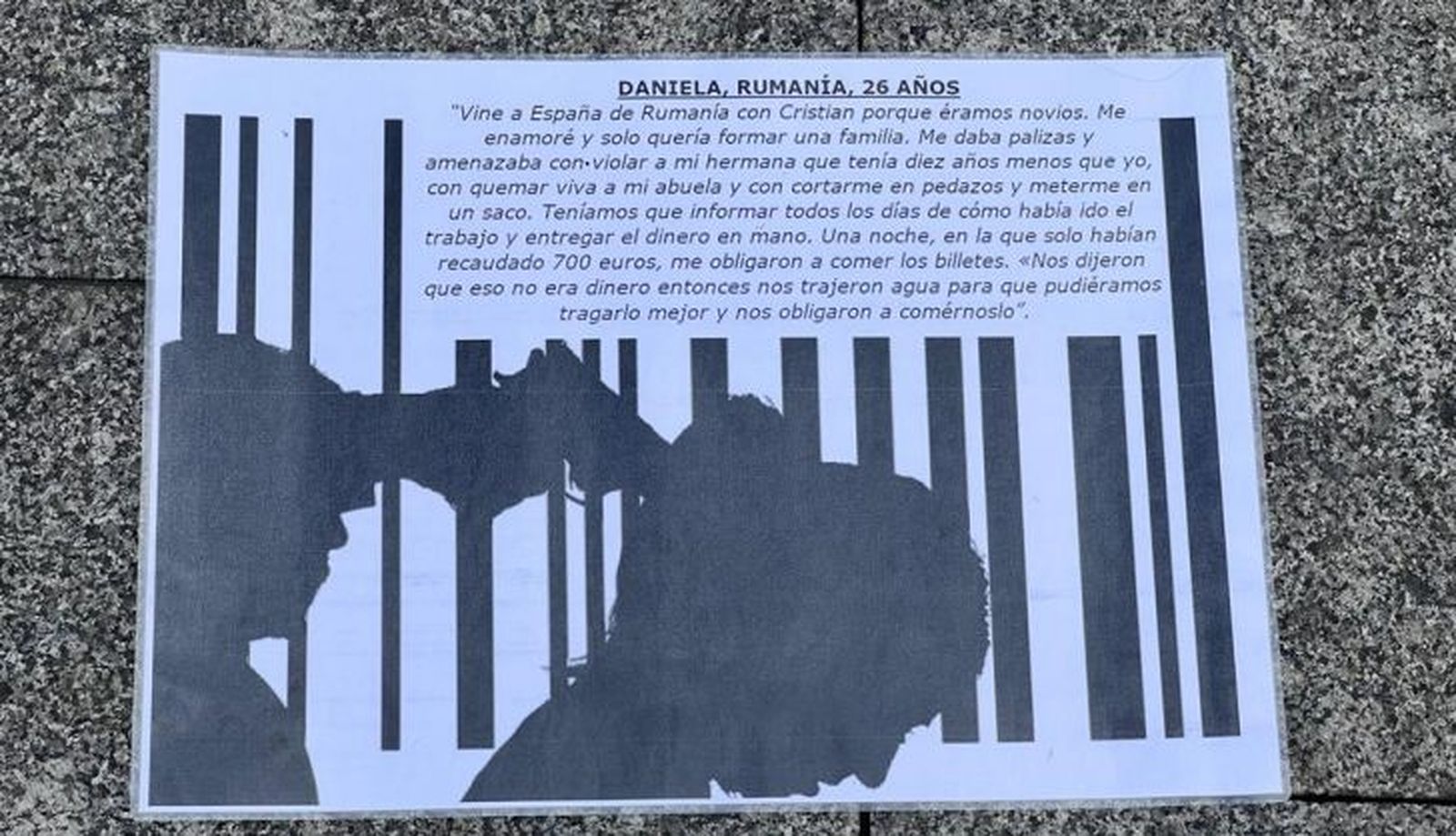 Cartel con testimonio de víctima de trata 