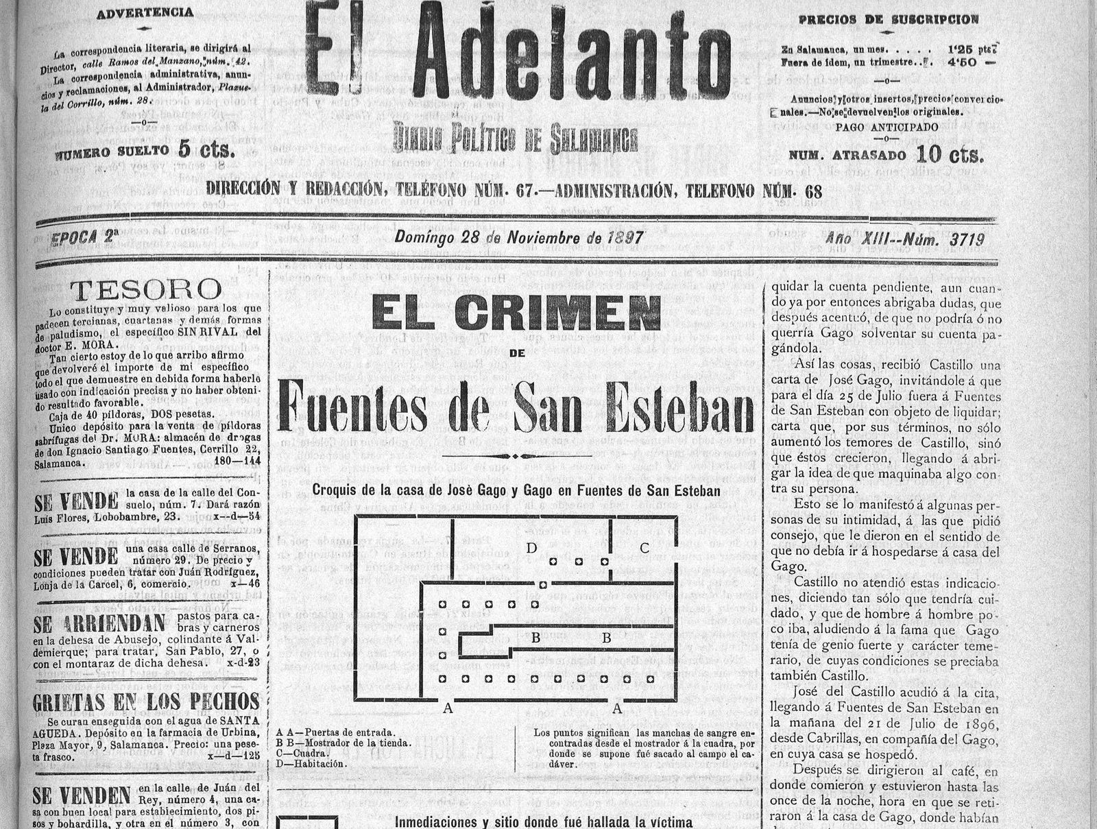 Crimen de Fuente de san Esteban. El Adelanto 28 noviembre de 1897.