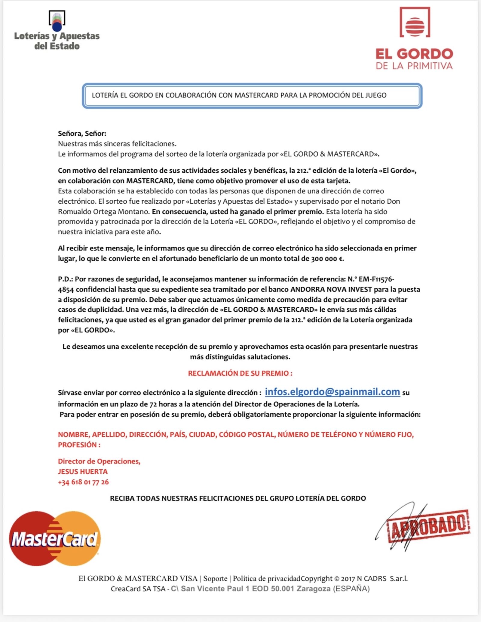 Estafa suplantación Loterías del Estado