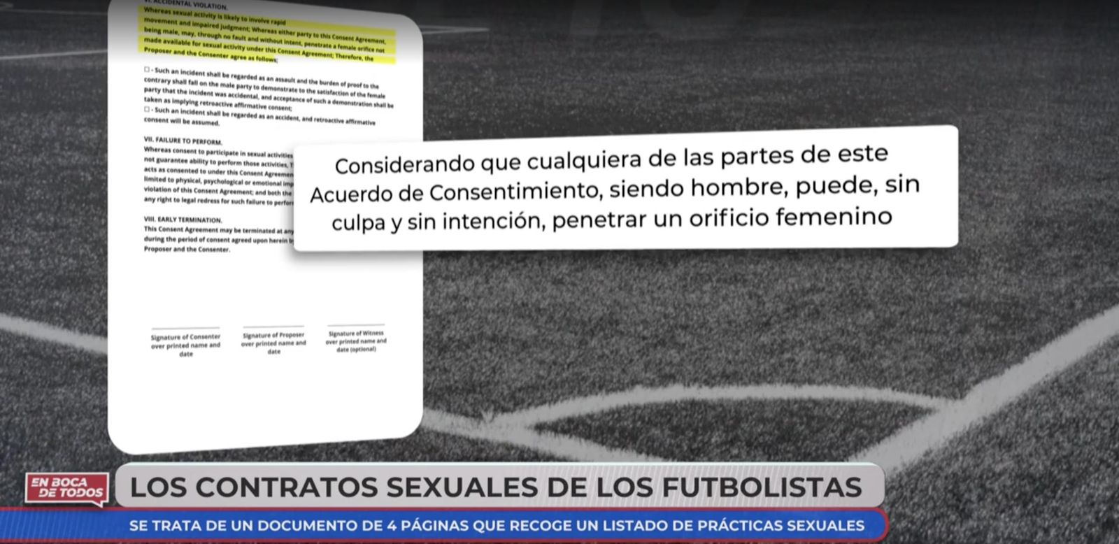 El polémico apartado en el contrato por escrito de consentimiento sexual de los futbolistas. Foto: En boca de todos - CUATRO