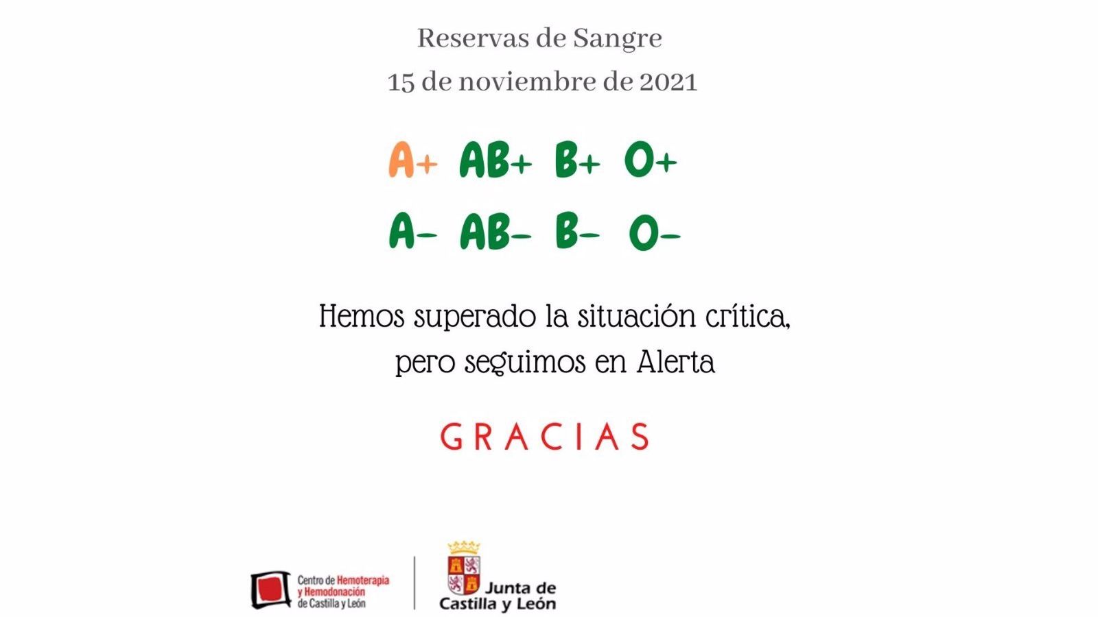 Mensaje de agradecimiento de @donasangreCYL tras superarse la situación crítica