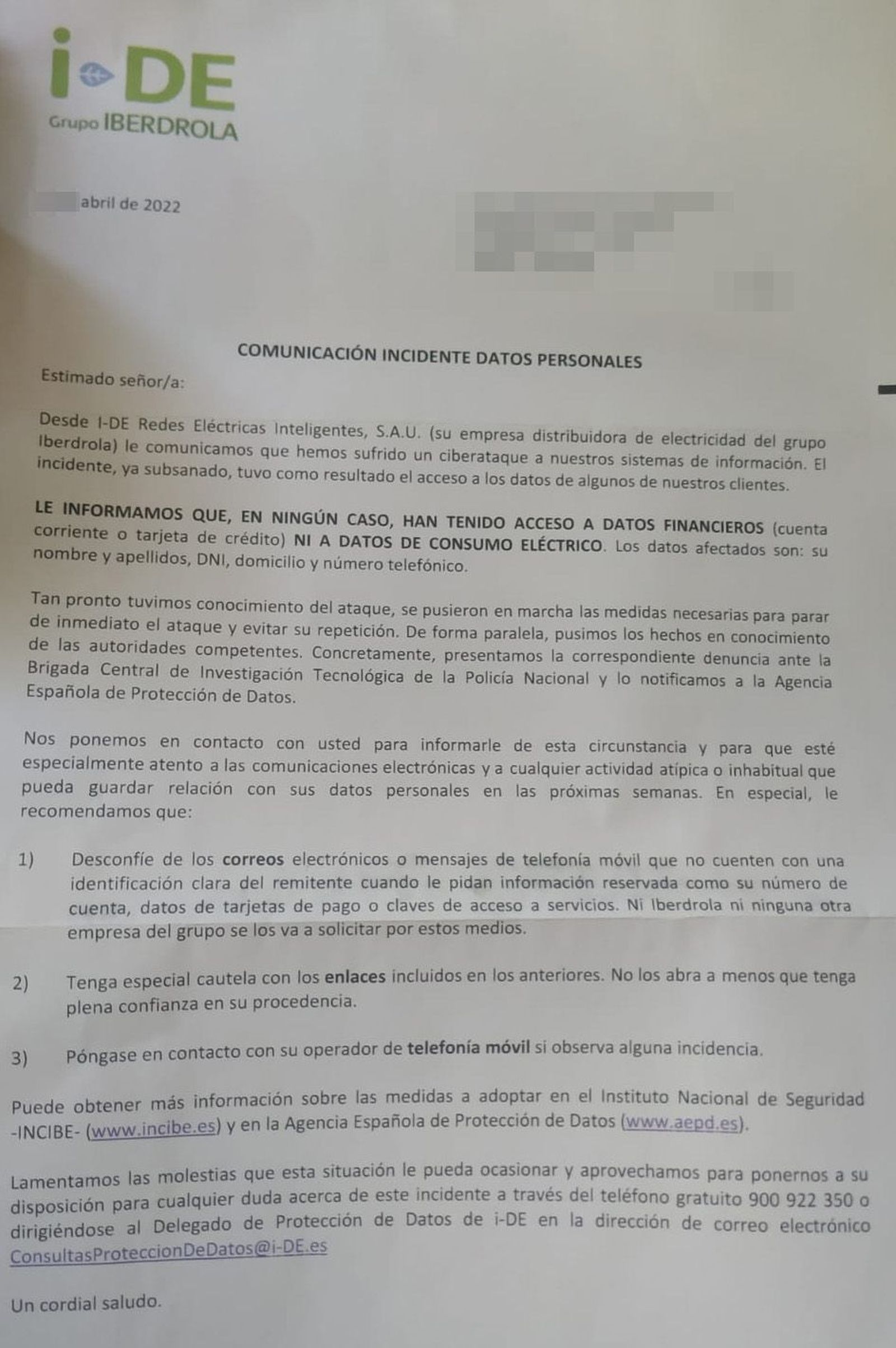 Carta Iberdrola clientes