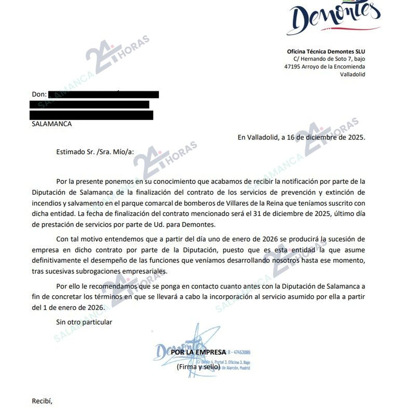 Notificación Bomberos Villares fin de contrato