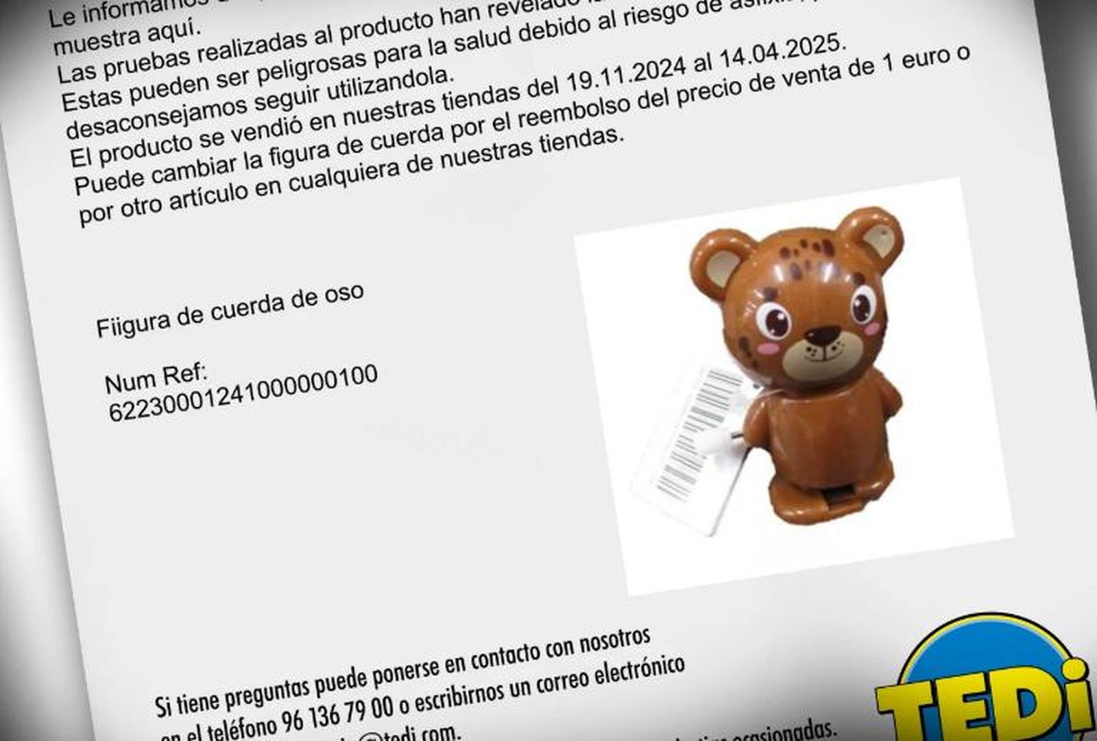 Oso de cuerda de Tedi retirado de la venta por contener piezas pequeñas peligrosas para los menores. Foto FACUA Oso de cuerda de Tedi retirado de la venta por contener piezas pequeñas peligrosas para los menores. Foto FACUA