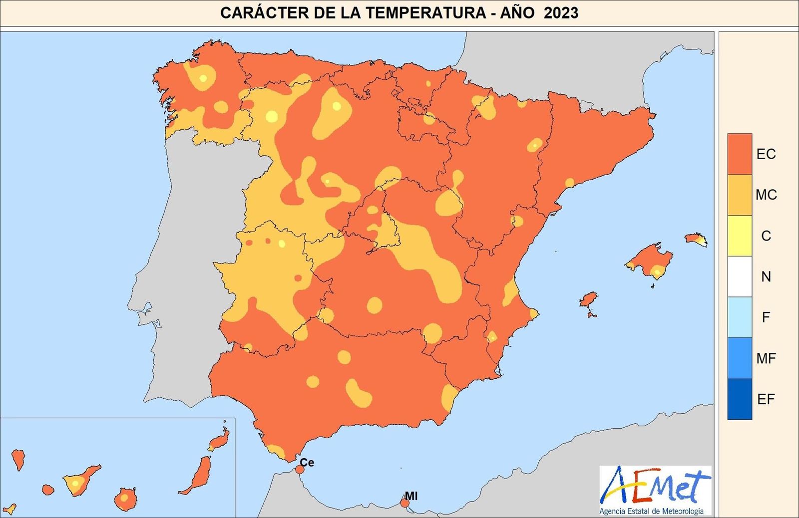 Temperaturas en España en 2023. EC = Extremadamente cálido. MC = Muy cálido. C = Cálido. N = Normal. F = Frío. MF = Muy frío. EF = Extremadamente frío. - AEMET