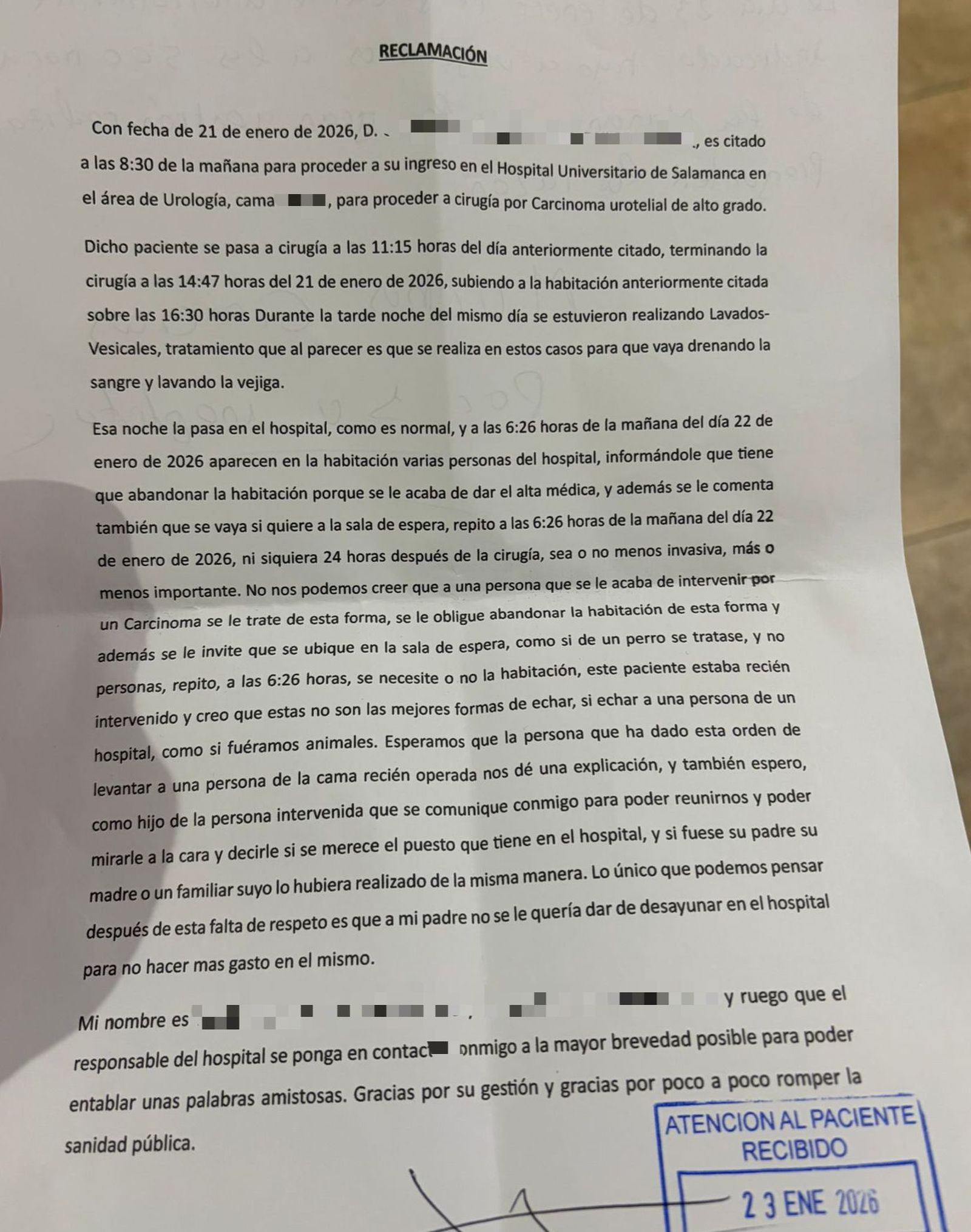 Reclamación presentada en el Hospital de Salamanca