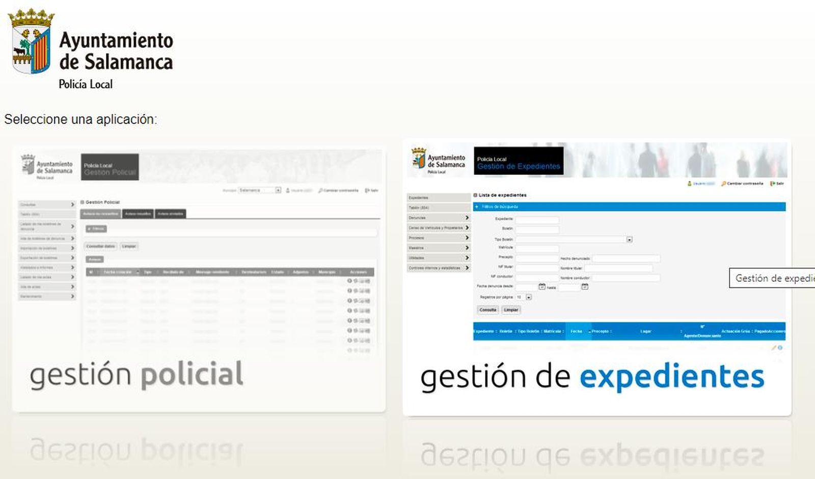Imagen de la web usada por la Policía Local para gestiones y expedientes