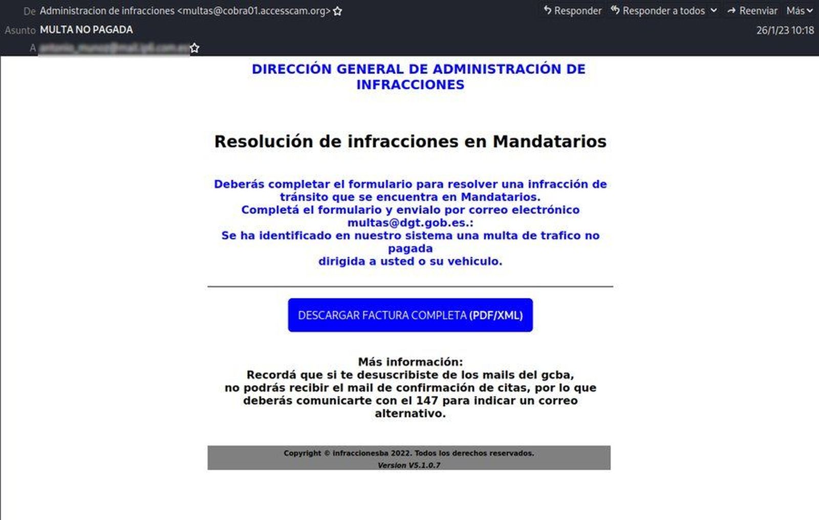 Imagen del mail fraudulento