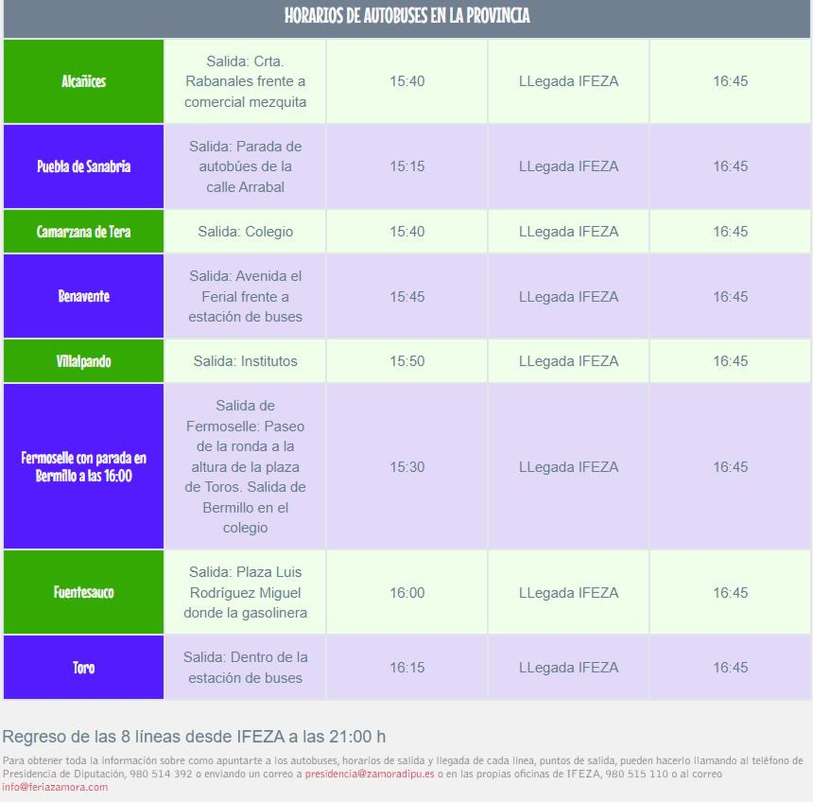 Horarios líneas autobuses IFEZA