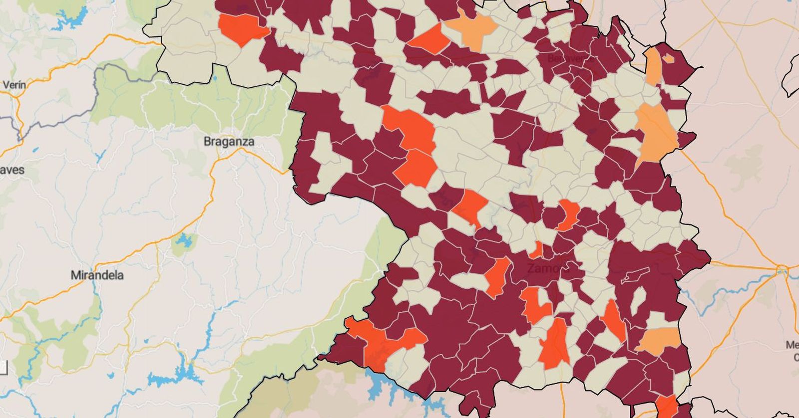 Mapa de la incidencia en los municipios de Zamora este martes