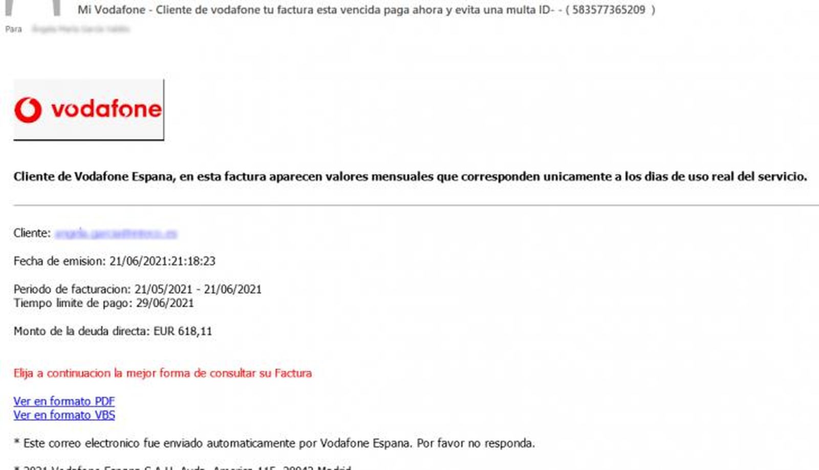 Estafa Vodafone | Fotografía Oficina Seguridad del Internauta Estafa Vodafone | Fotografía Oficina Seguridad del Internauta