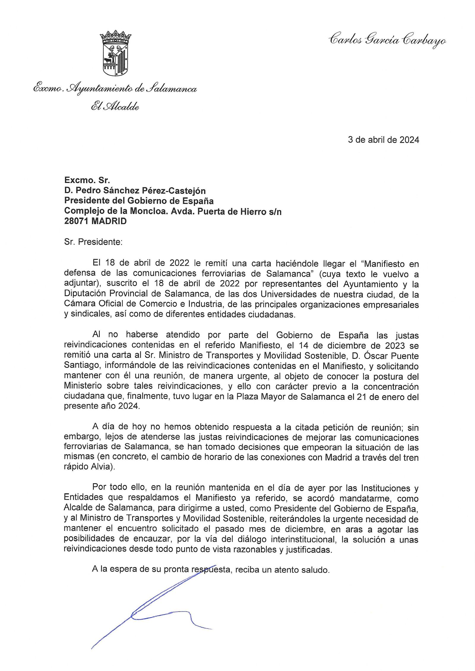 Carta presidente del Gobierno de España