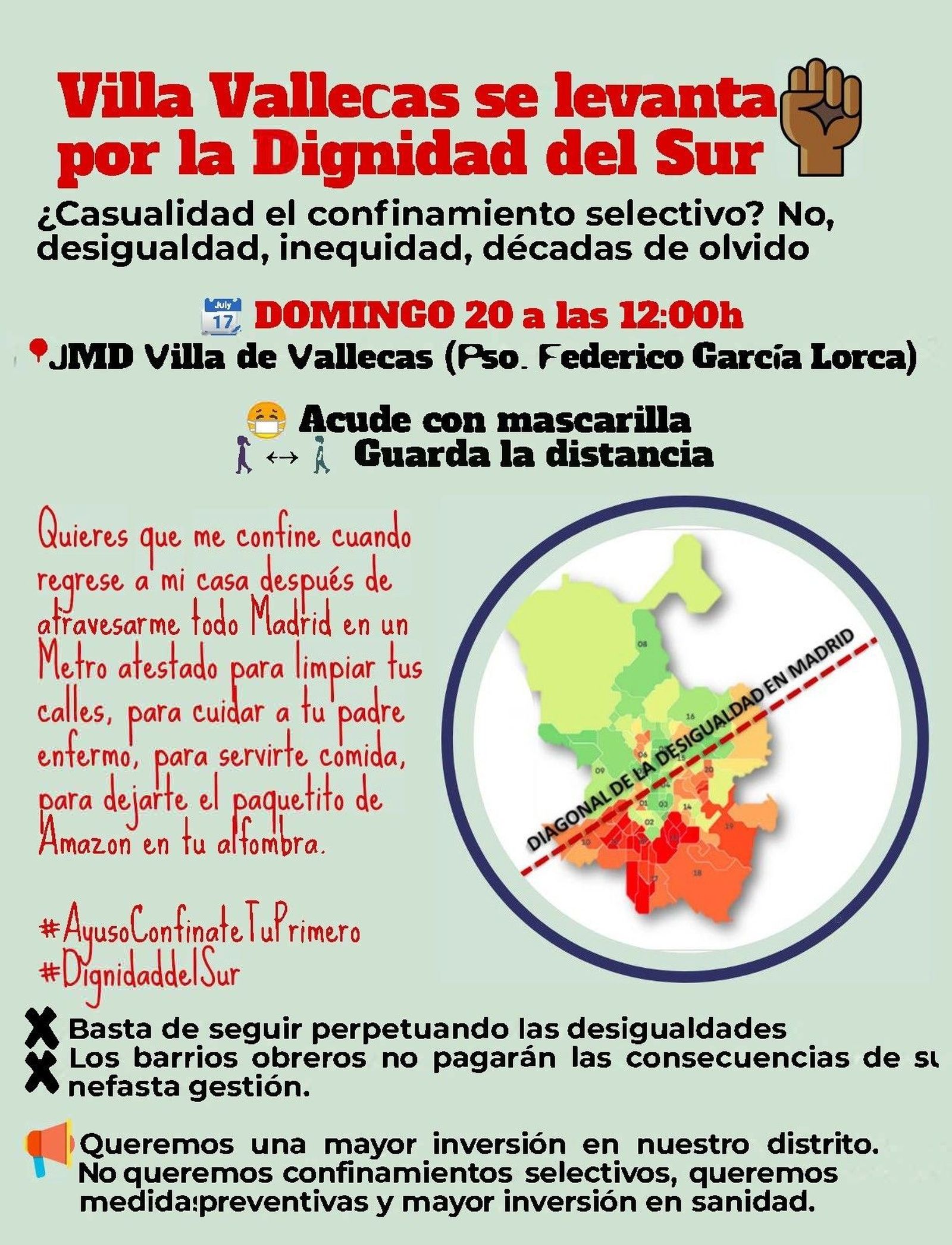 Vecinos de municipios y distritos confinados se manifiestan este domingo por "la dignidad del sur"