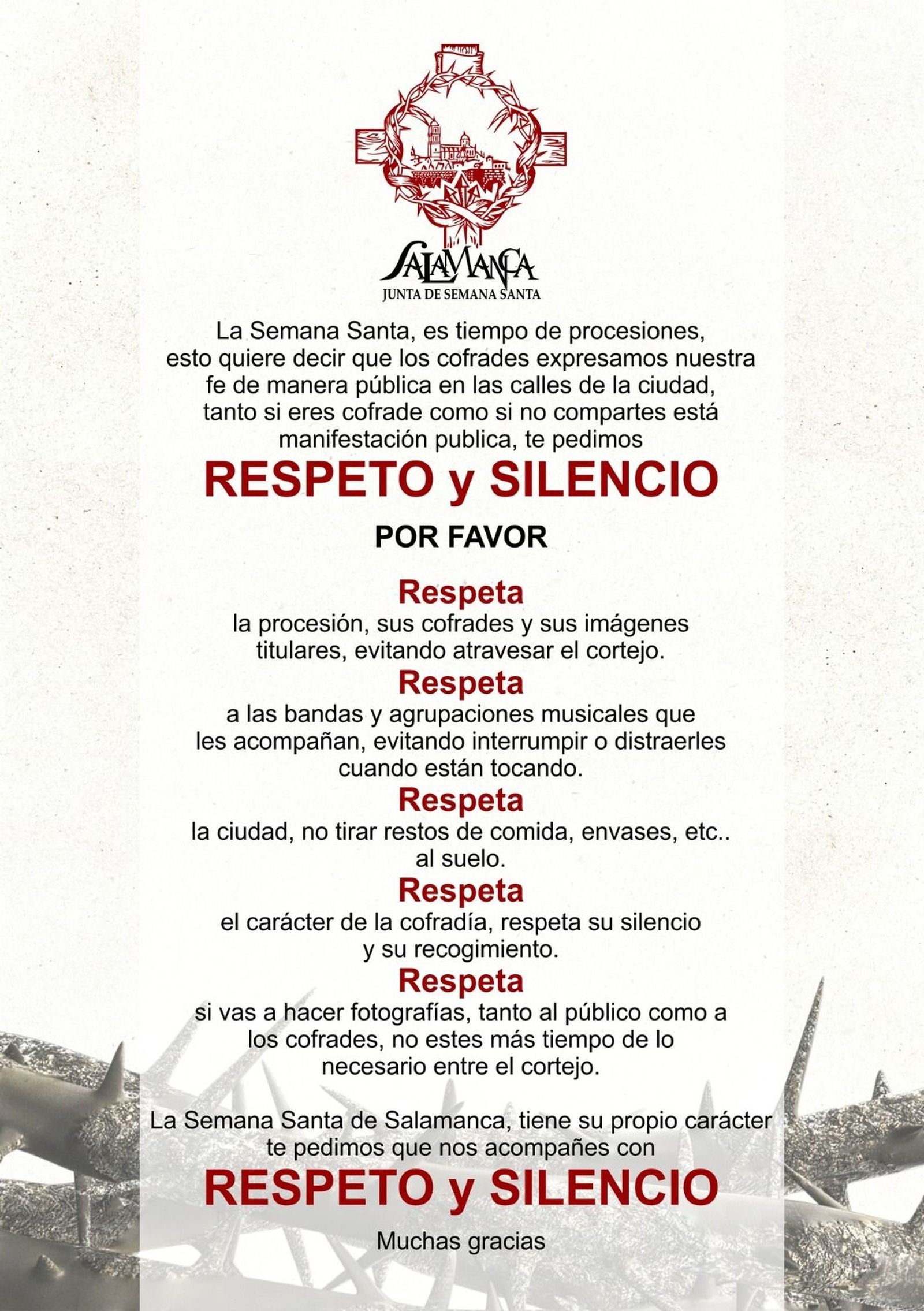 La Junta de Semana Santa de Salamanca pide respeto y silencio durante las procesiones