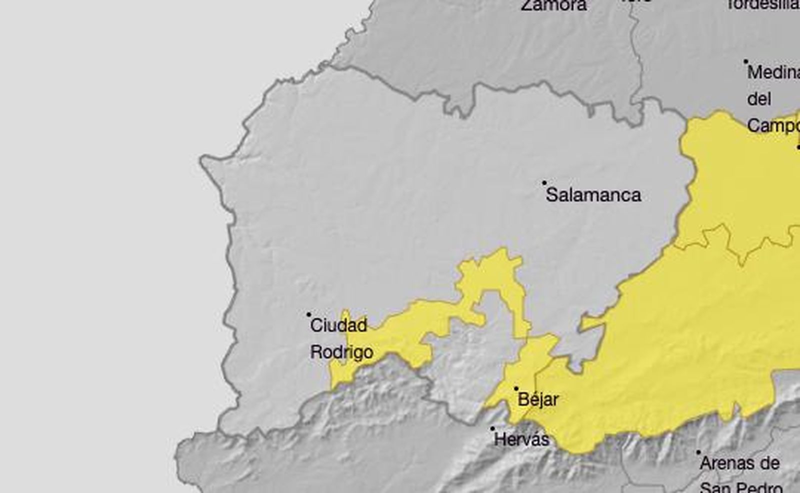 Aviso amarillo para este domingo en Salamanca. AEMET.