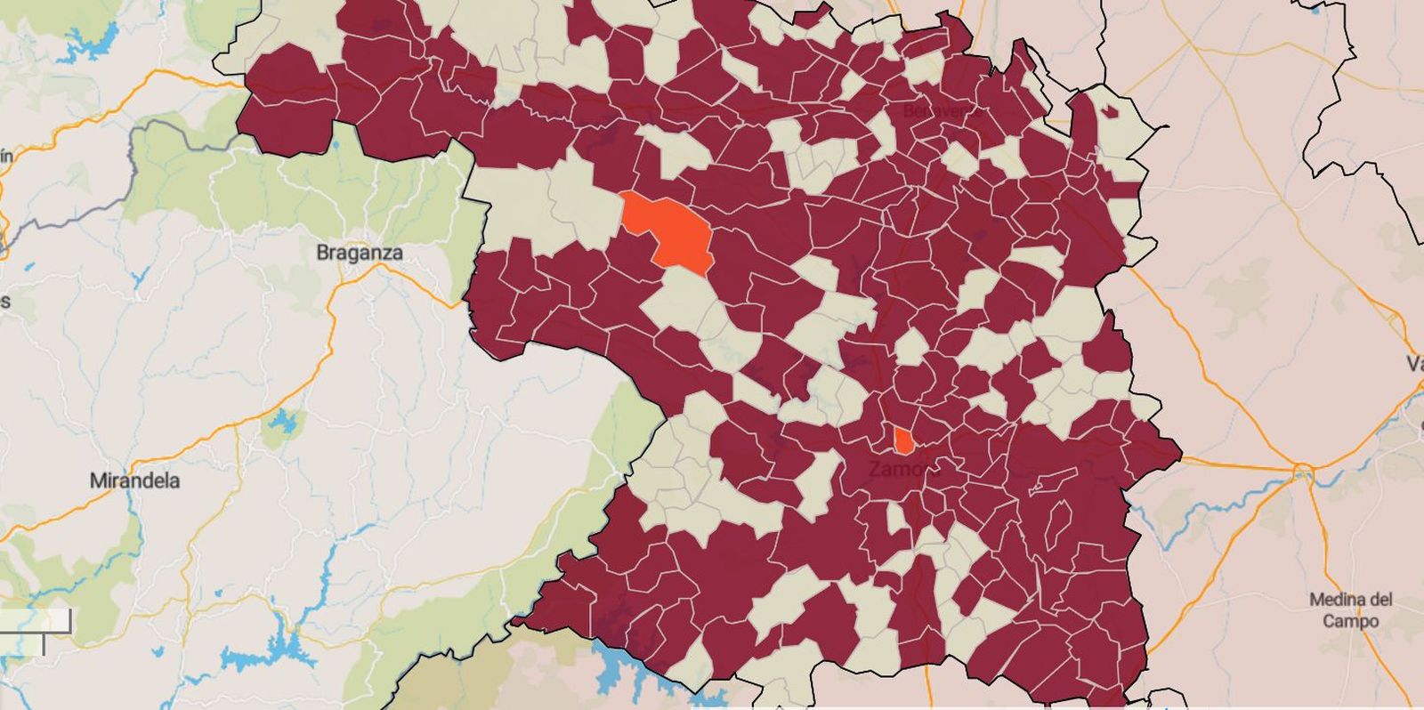 Mapa de la incidencia en los municipios de Zamora este martes
