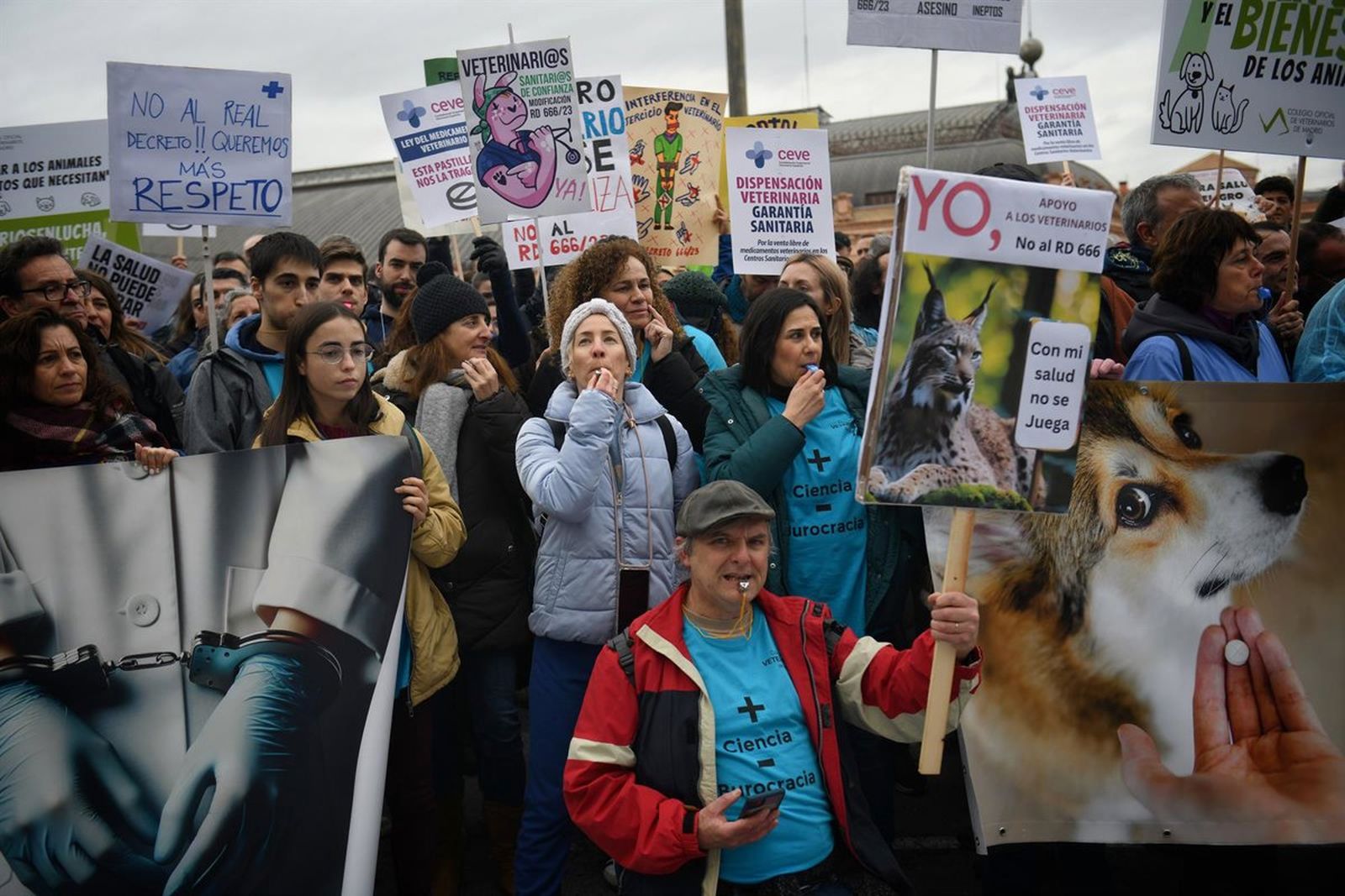 Varias personas con carteles durante una concentración de veterinarios por la polémica de la ley de medicamentos, frente al Ministerio de Agricultura