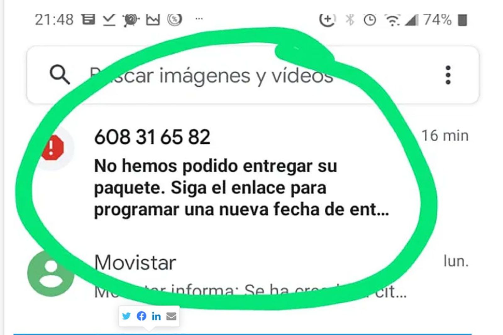 Pantallazo del mensaje