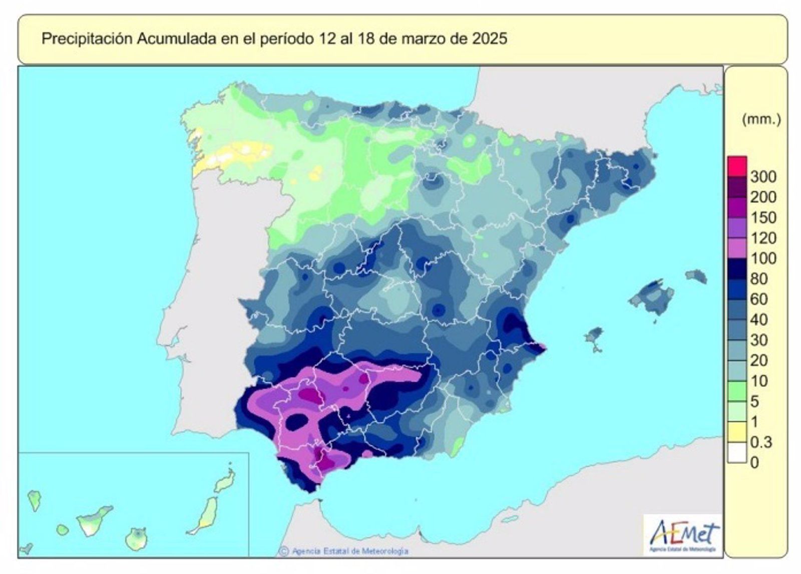 El tren de borrascas de marzo eleva al 18% por encima de lo normal las lluvias acumuladas hasta un total de 444 lm2.   AEMET