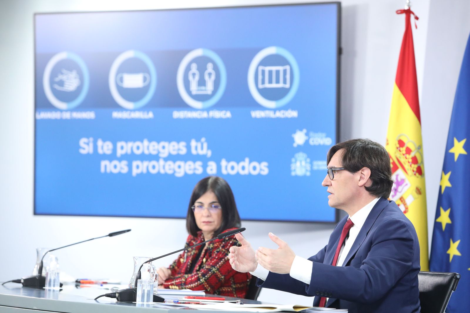 La ministra de Política Territorial, Carolina Darias y el ministro de Sanidad, Salvador Illa en rueda de prensa tras la Reunión del Comité de seguimiento del coronavirus en el Complejo de la Monclo