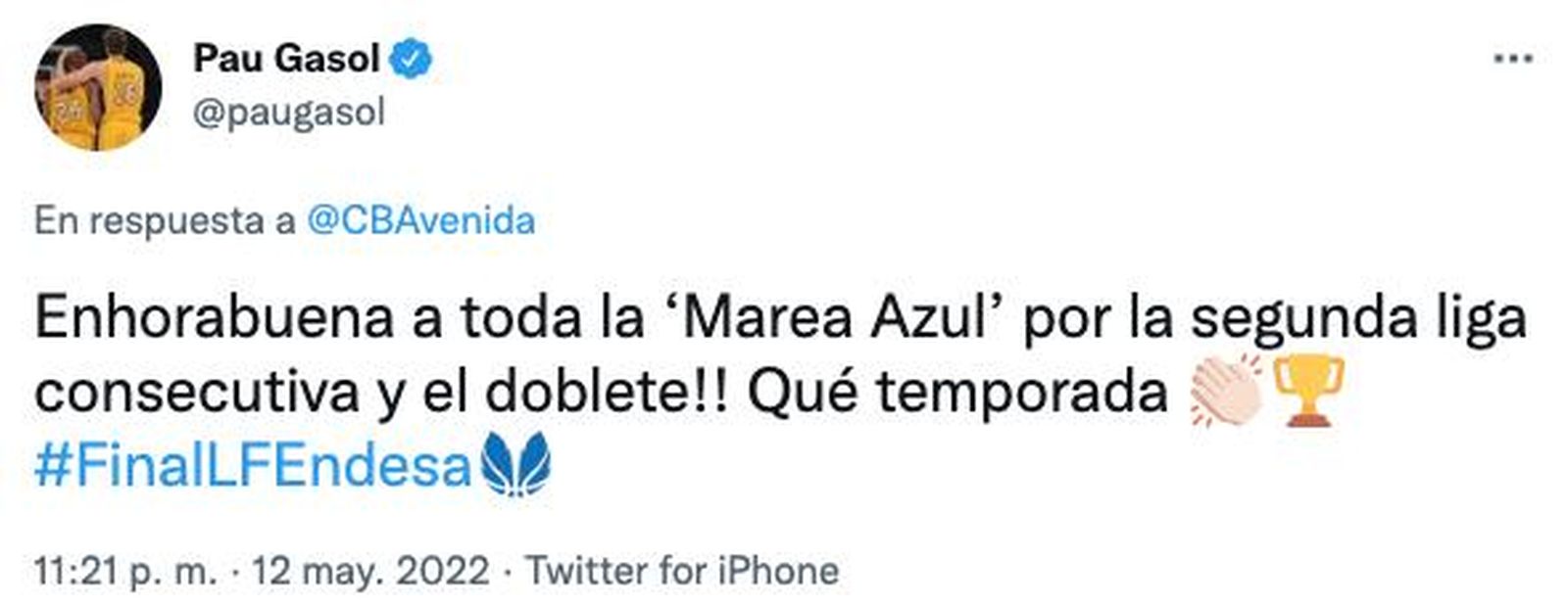 Tuit de felicitación de Pau Gasol a Perfumerías Avenida.