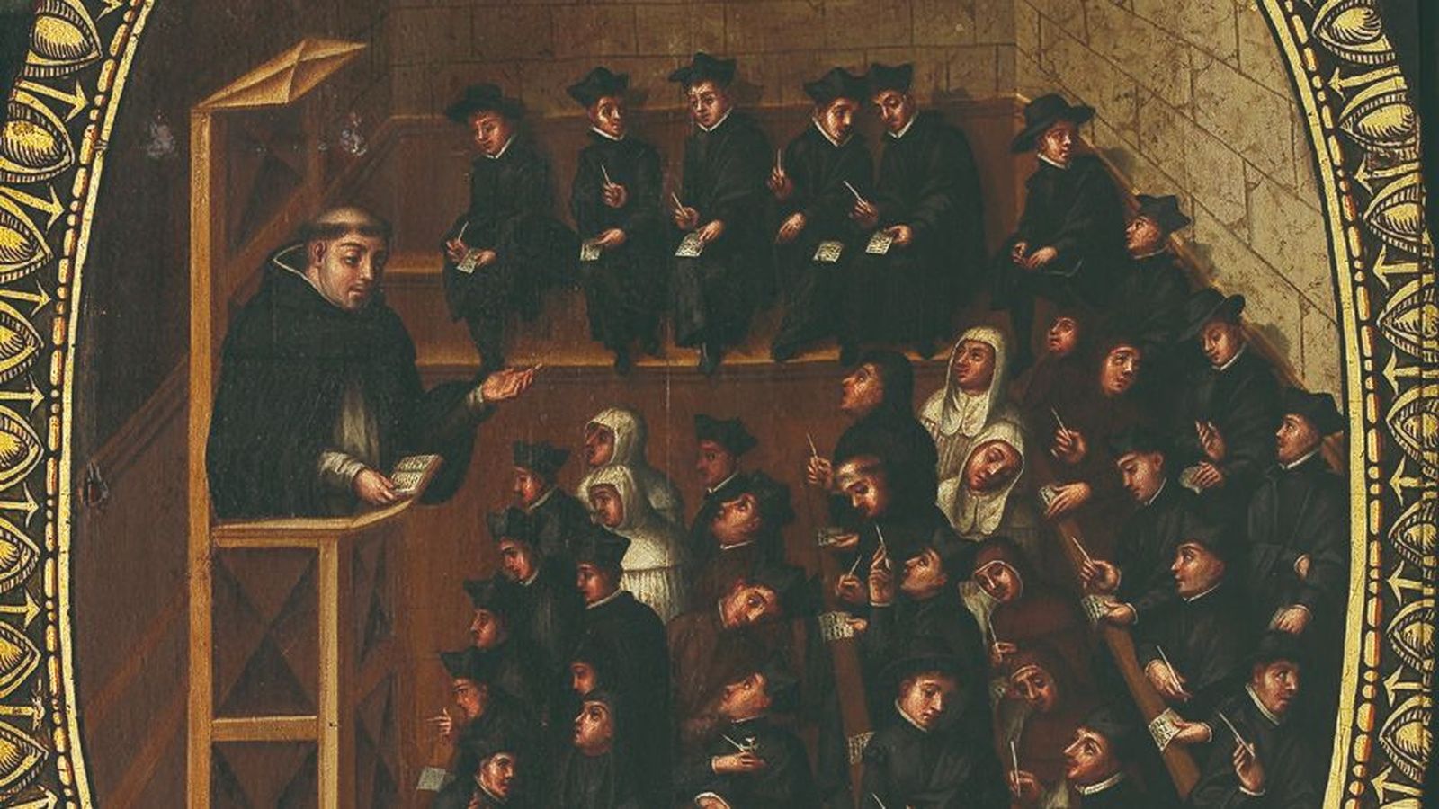 Alumnos en un aula de la Universidad de Salamanca, siglo XVII.