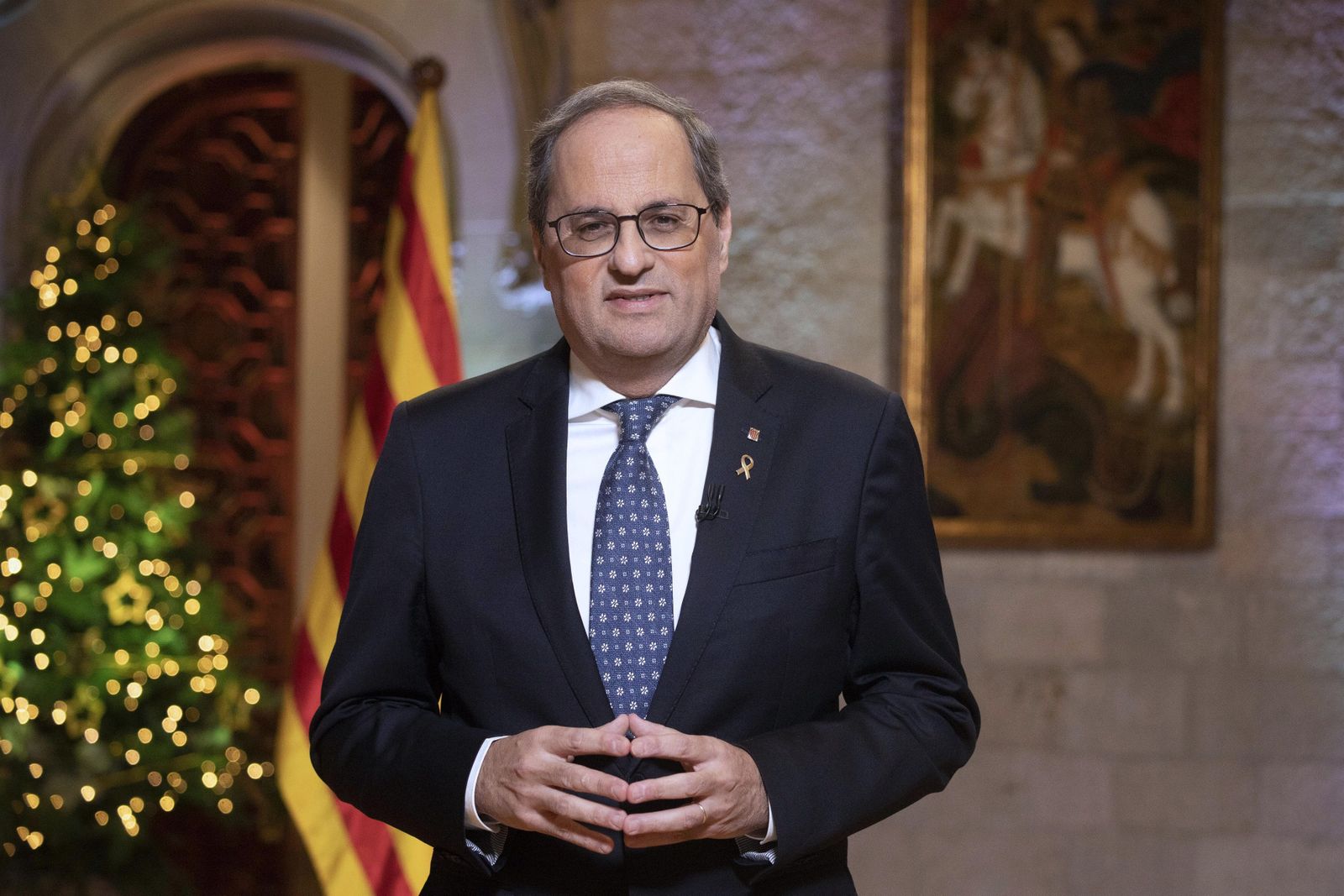El presidente de la Generalitat, Quim Torra, en su mensaje institucional de Fin de Año, el 30 de diciembre de 2019 en el Palau de la Generalitat de Catalunya, en Barcelona