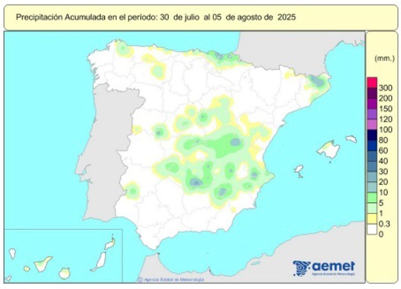 Las lluvias acumuladas en este año hidrológico se cifran en 645 l/m2 y están un 12% por encima de lo habitual. - AEMET