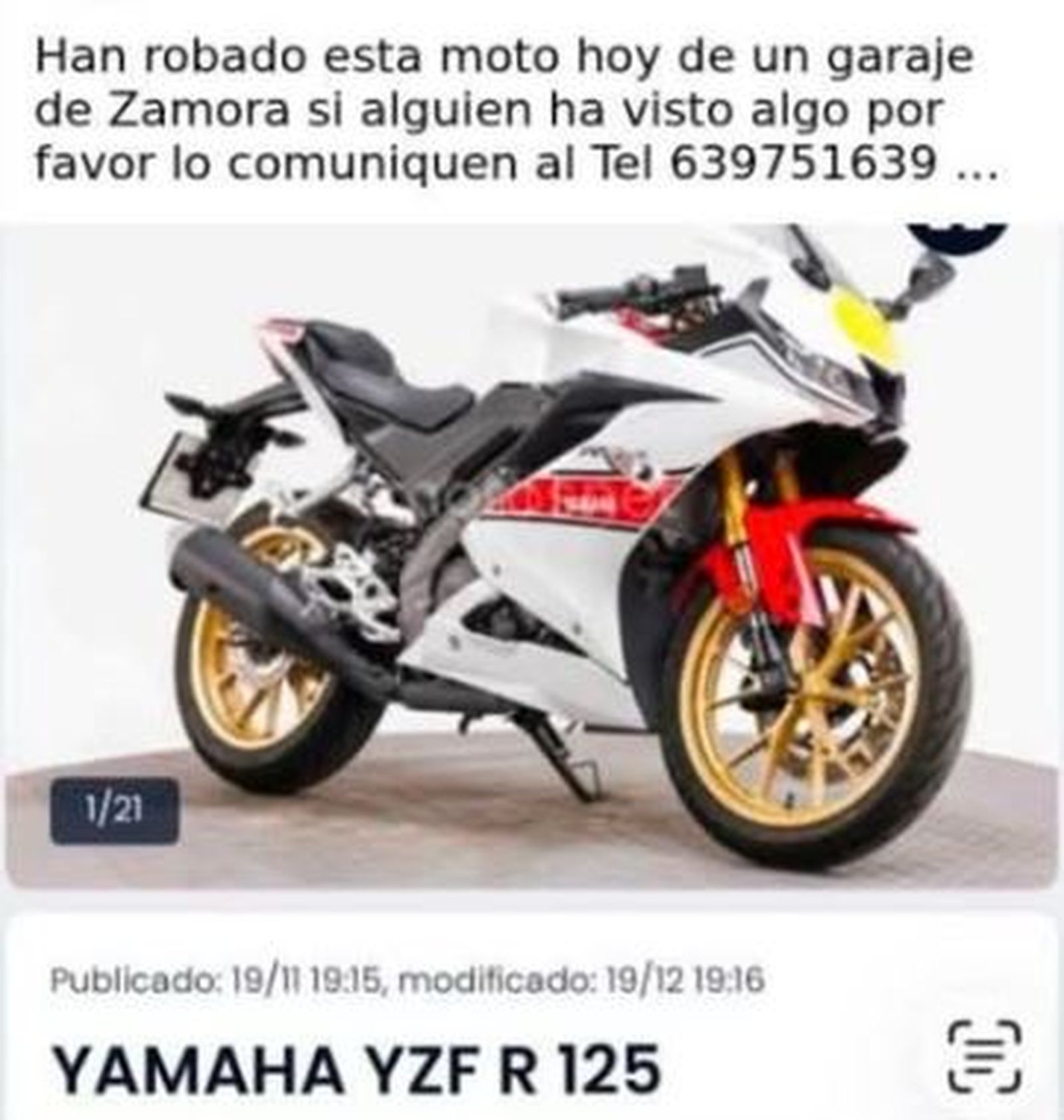 Motocicleta robada en Zamora