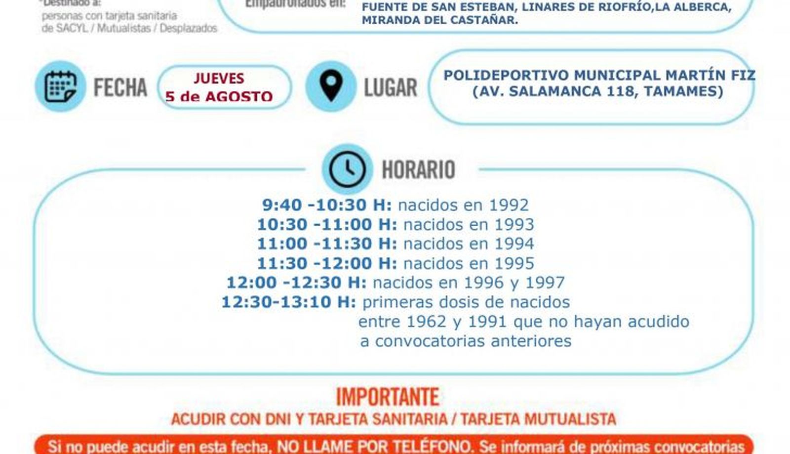 Cartel de vacunación de La Sierra y Tamames para los nacidos entre 1992 y 1997