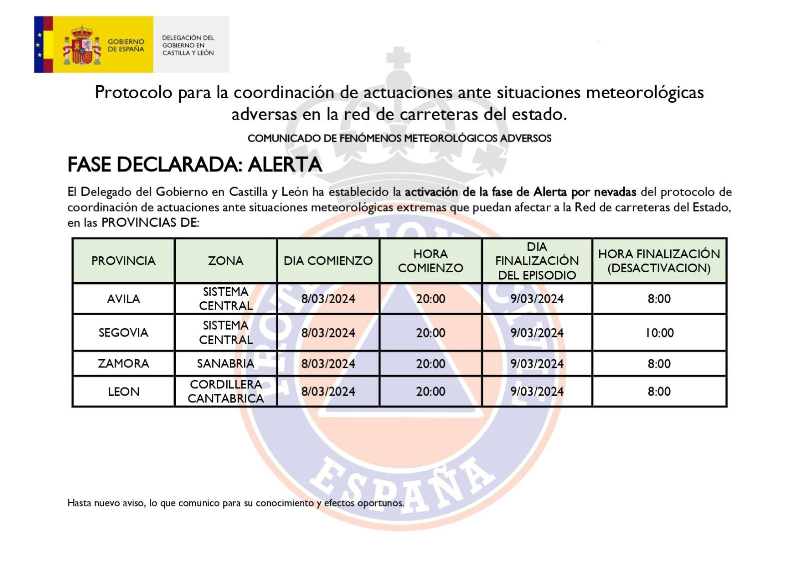 Declarada la alerta por nevadas para Ávila, Segovia, Zamora y León a partir de las 20:00 horas de este sábado