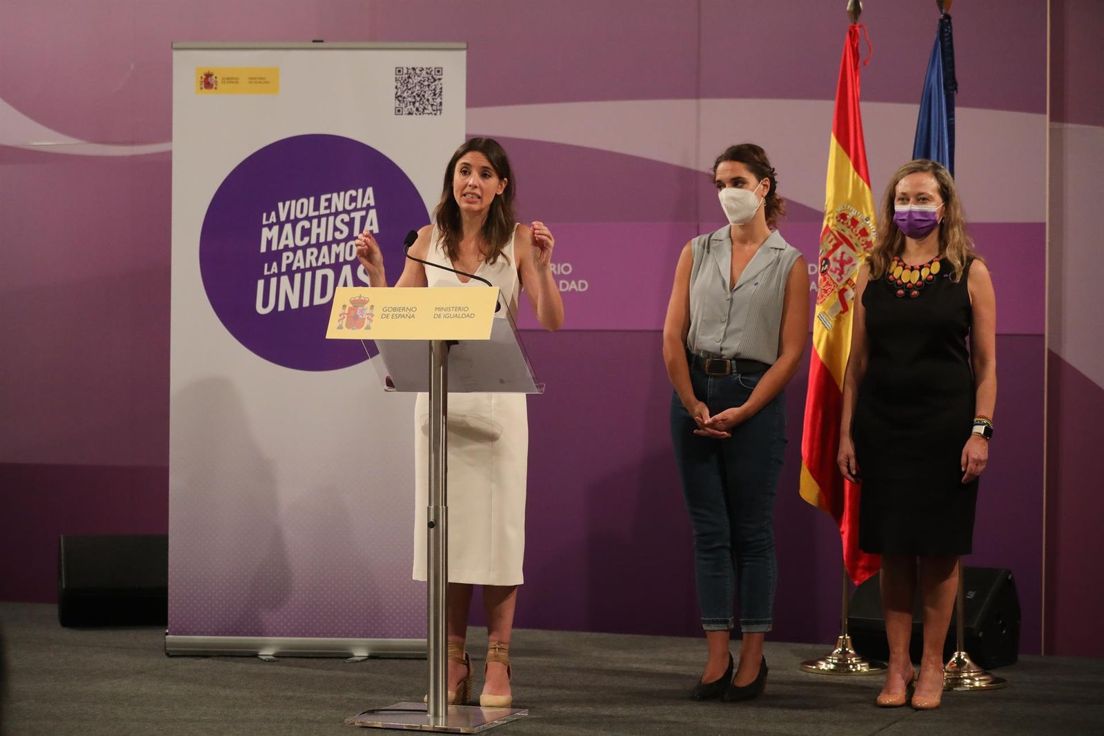 La ministra de Igualdad, Irene Montero; la secretaria de Estado de Igualdad y contra la Violencia de Género, Noelia Vera, y la delegada del Gobierno contra la Violencia de Género, Victoria Rosell. EP.