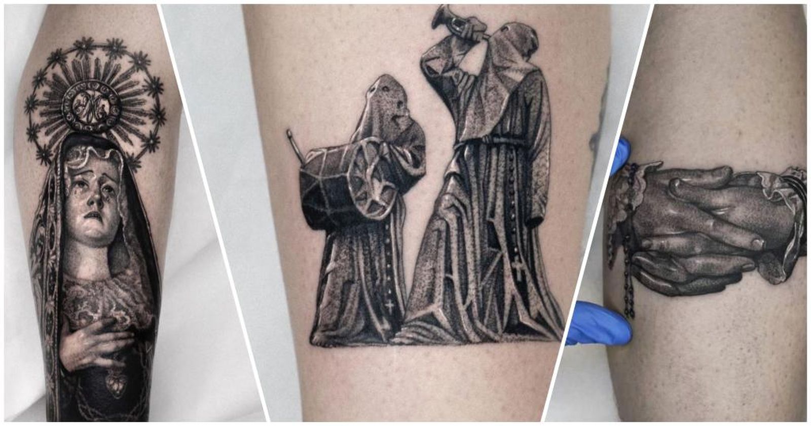 Imagen de tres trabajos realizados por @Grey meseta tattoo