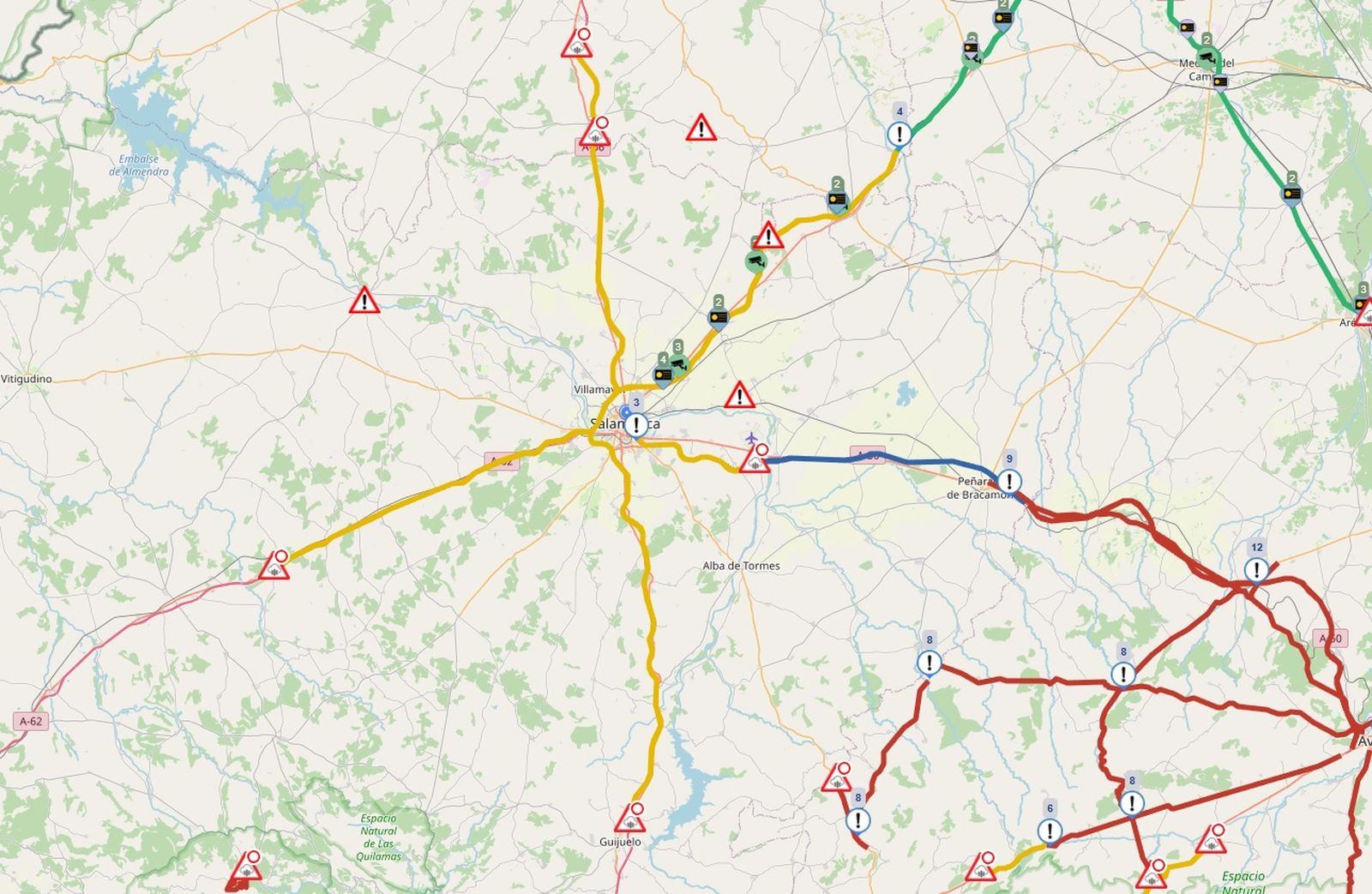 Mapa de la DGT con carreteras en nivel amarillo en la provincia de Salamanca por la nevada del 28 de enero 2026