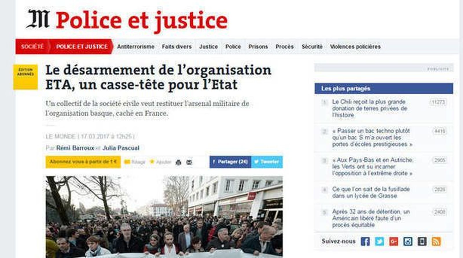 La banda terrorista ETA anuncia que hará efectivo su desarme definitivo en abril