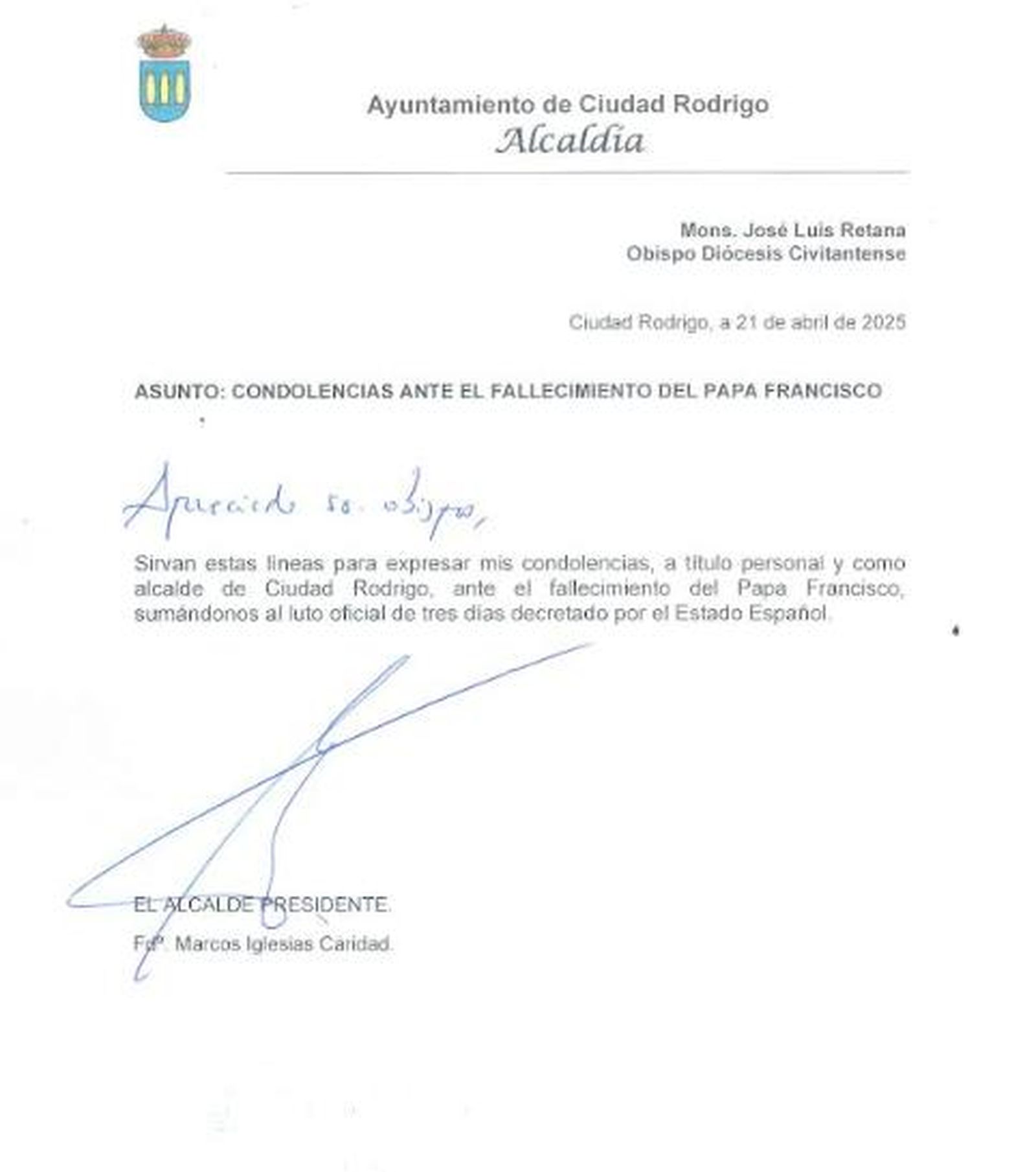 Carta del alcalde de Ciudad Rodrigo al obispo Retana tras el fallecimiento del papa Francisco